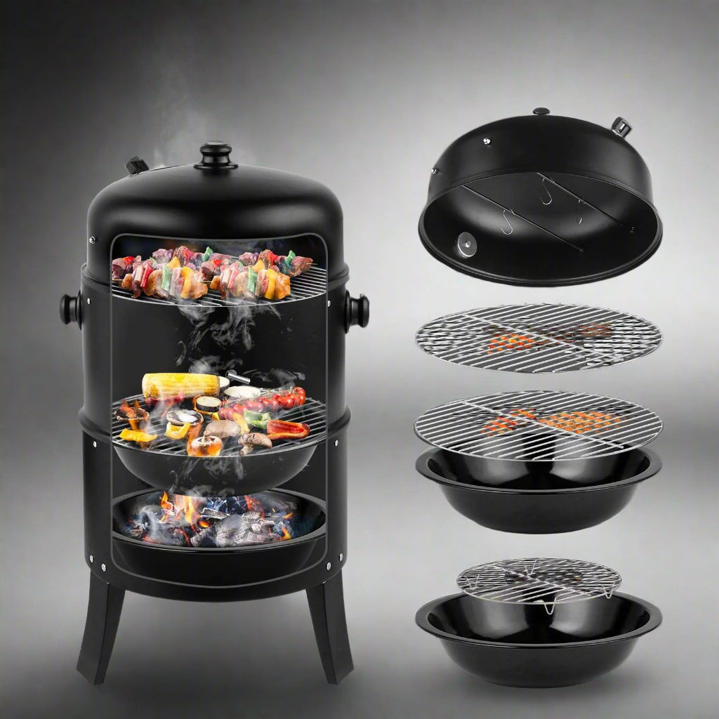 Portable Vertical Charcoal Smoker Grill – 3-Layer Outdoor BBQ Cooker with Large Cooking Capacity, Easy Heat Control, and Durable Black Construction for Camping and Picnics