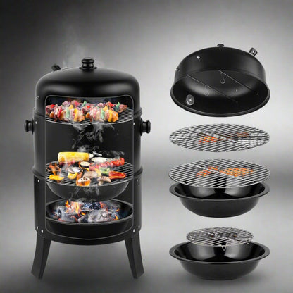 Portable Vertical Charcoal Smoker Grill – 3-Layer Outdoor BBQ Cooker with Large Cooking Capacity, Easy Heat Control, and Durable Black Construction for Camping and Picnics