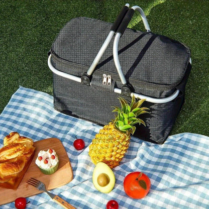 Collapsible Insulated Picnic Basket Cooler – 30L Aluminum Handle Food Storage Bag with Thermal Heat & Cold Retention for Grocery, Delivery or Outdoor Travel