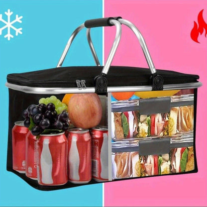 Collapsible Insulated Picnic Basket Cooler – 30L Aluminum Handle Food Storage Bag with Thermal Heat & Cold Retention for Grocery, Delivery or Outdoor Travel