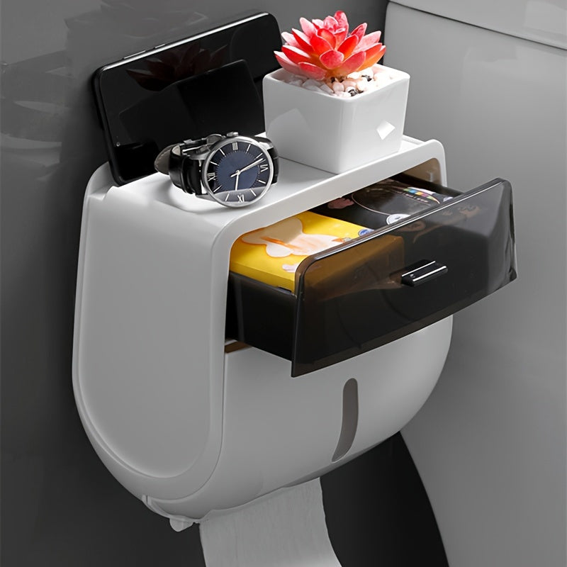 Double Wall-Mounted Waterproof Toilet Paper Roll Holder – Large Capacity Tissue Box with Mobile Phone Shelf, Strong Adhesive, Modern Bathroom Accessory for Smart Organization