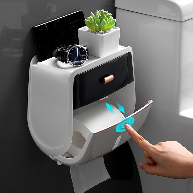 Double Wall-Mounted Waterproof Toilet Paper Roll Holder – Large Capacity Tissue Box with Mobile Phone Shelf, Strong Adhesive, Modern Bathroom Accessory for Smart Organization
