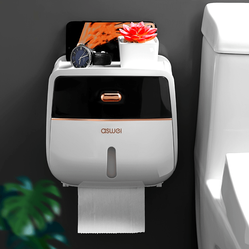 Double Wall-Mounted Waterproof Toilet Paper Roll Holder – Large Capacity Tissue Box with Mobile Phone Shelf, Strong Adhesive, Modern Bathroom Accessory for Smart Organization