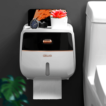 Double Wall-Mounted Waterproof Toilet Paper Roll Holder – Large Capacity Tissue Box with Mobile Phone Shelf, Strong Adhesive, Modern Bathroom Accessory for Smart Organization