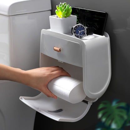 Double Wall-Mounted Waterproof Toilet Paper Roll Holder – Large Capacity Tissue Box with Mobile Phone Shelf, Strong Adhesive, Modern Bathroom Accessory for Smart Organization