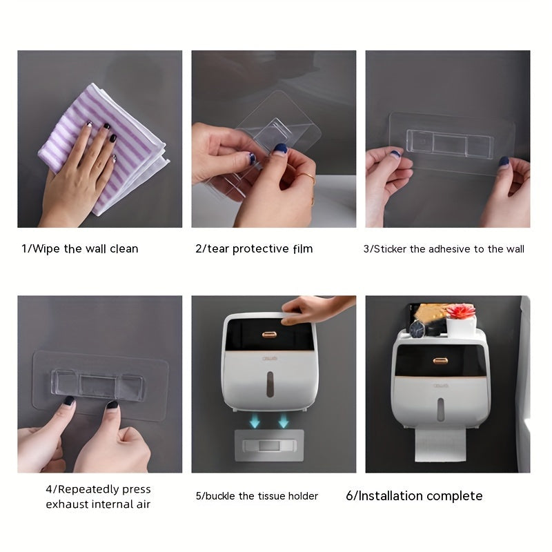 Double Wall-Mounted Waterproof Toilet Paper Roll Holder – Large Capacity Tissue Box with Mobile Phone Shelf, Strong Adhesive, Modern Bathroom Accessory for Smart Organization