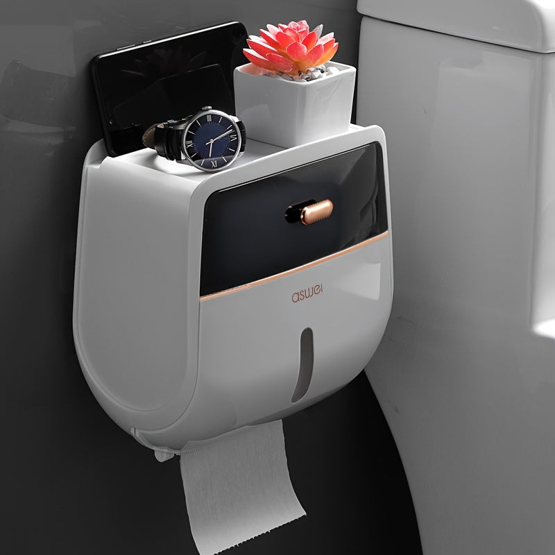Double Wall-Mounted Waterproof Toilet Paper Roll Holder – Large Capacity Tissue Box with Mobile Phone Shelf, Strong Adhesive, Modern Bathroom Accessory for Smart Organization