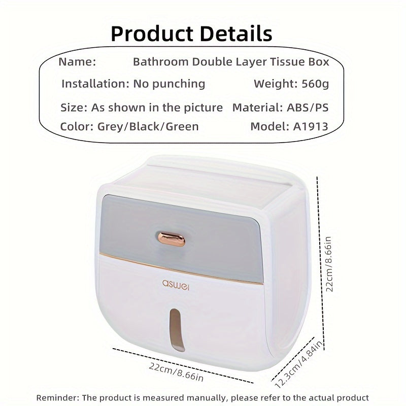 Double Wall-Mounted Waterproof Toilet Paper Roll Holder – Large Capacity Tissue Box with Mobile Phone Shelf, Strong Adhesive, Modern Bathroom Accessory for Smart Organization