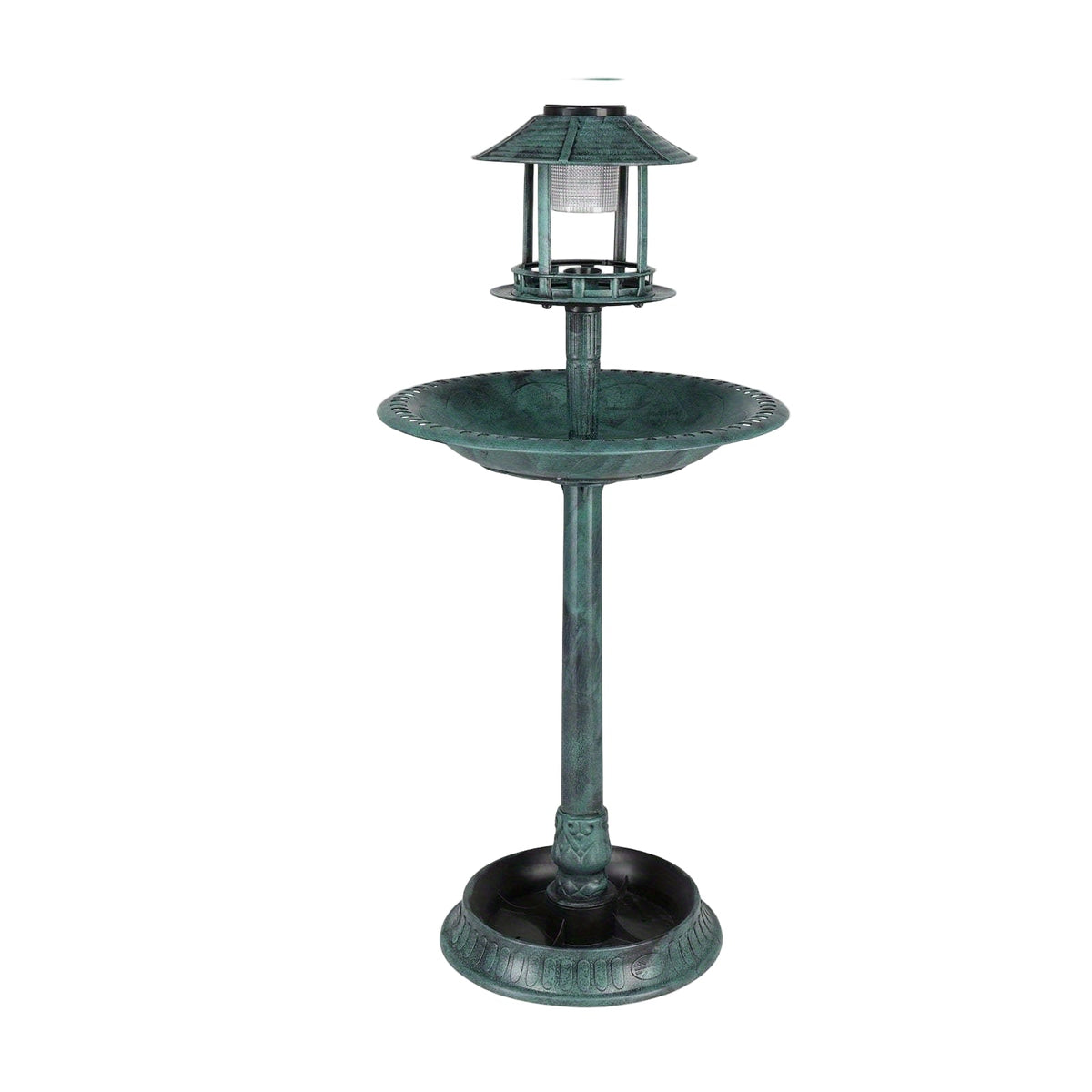 Wild Bird Bath with Solar Light – Resin Pedestal Bird Feeder Bowl in Dark Green, Outdoor Garden Decor, Energy-Saving Solar Illumination for Day and Night