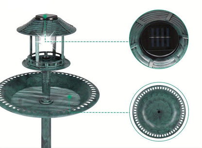 Wild Bird Bath with Solar Light – Resin Pedestal Bird Feeder Bowl in Dark Green, Outdoor Garden Decor, Energy-Saving Solar Illumination for Day and Night