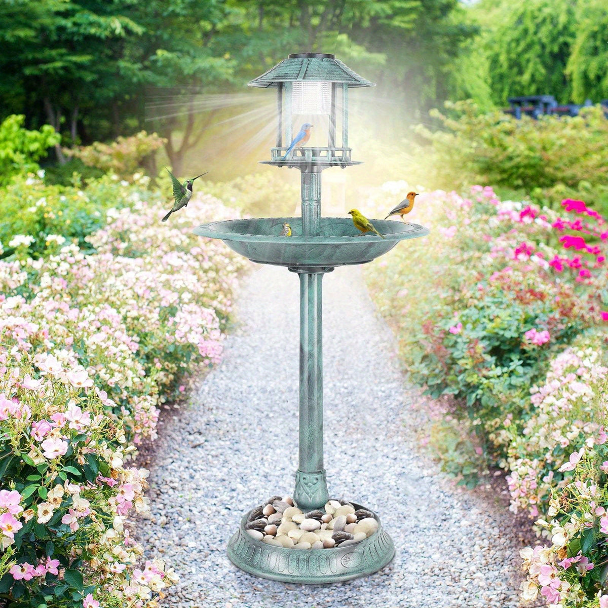 Wild Bird Bath with Solar Light – Resin Pedestal Bird Feeder Bowl in Dark Green, Outdoor Garden Decor, Energy-Saving Solar Illumination for Day and Night