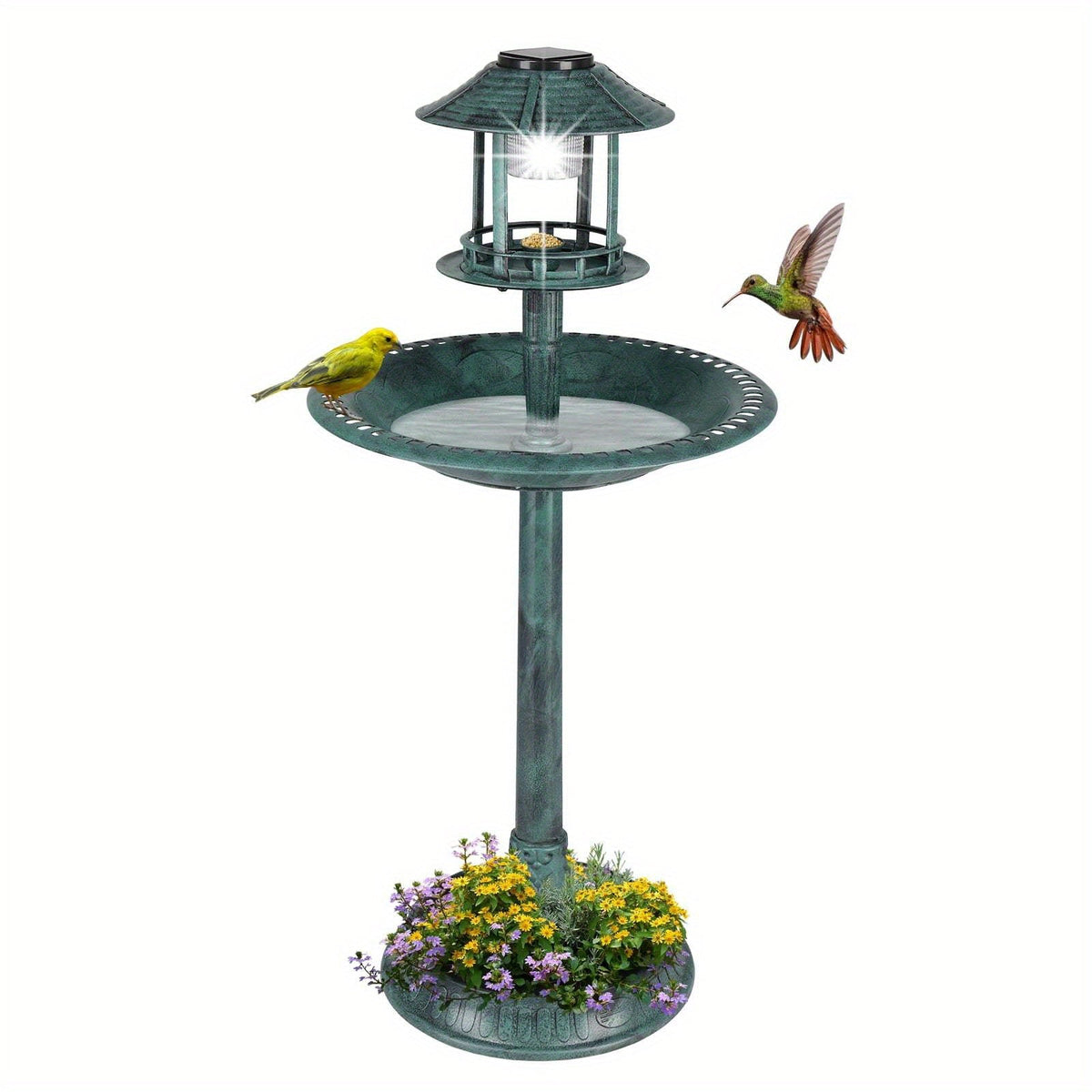 Wild Bird Bath with Solar Light – Resin Pedestal Bird Feeder Bowl in Dark Green, Outdoor Garden Decor, Energy-Saving Solar Illumination for Day and Night