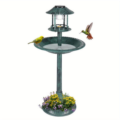 Wild Bird Bath with Solar Light – Resin Pedestal Bird Feeder Bowl in Dark Green, Outdoor Garden Decor, Energy-Saving Solar Illumination for Day and Night