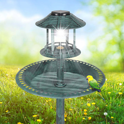 Wild Bird Bath with Solar Light – Resin Pedestal Bird Feeder Bowl in Dark Green, Outdoor Garden Decor, Energy-Saving Solar Illumination for Day and Night