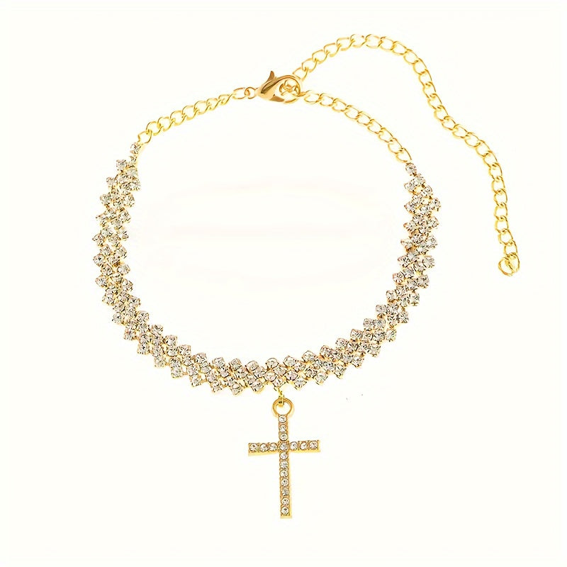 Golden Glitter Cross Anklet Set – Delicate Women’s Summer Beach Anklets with Adjustable Fit for Sexy Elegant Jewelry Styling