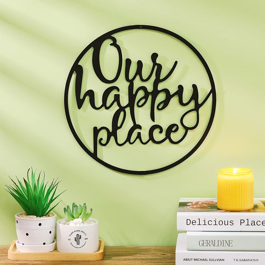 "Our Happy Place" Black Metal Wall Art – Elegant Cursive Quote Sign  No Power Required, Perfect Decorative Accent for Home, Bedroom, Office, Coffee Shop, or Bar