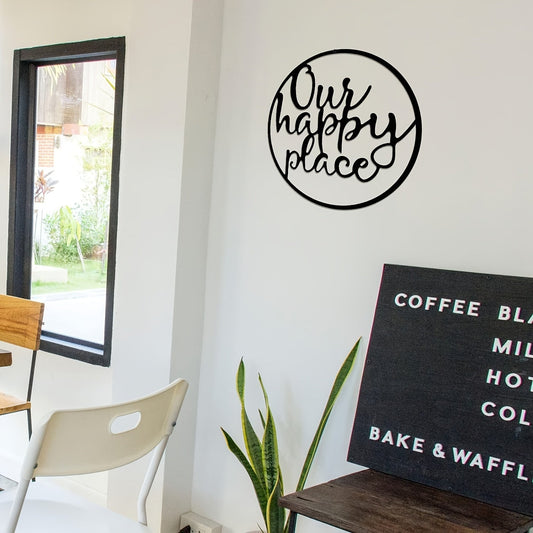 "Our Happy Place" Black Metal Wall Art – Elegant Cursive Quote Sign  No Power Required, Perfect Decorative Accent for Home, Bedroom, Office, Coffee Shop, or Bar