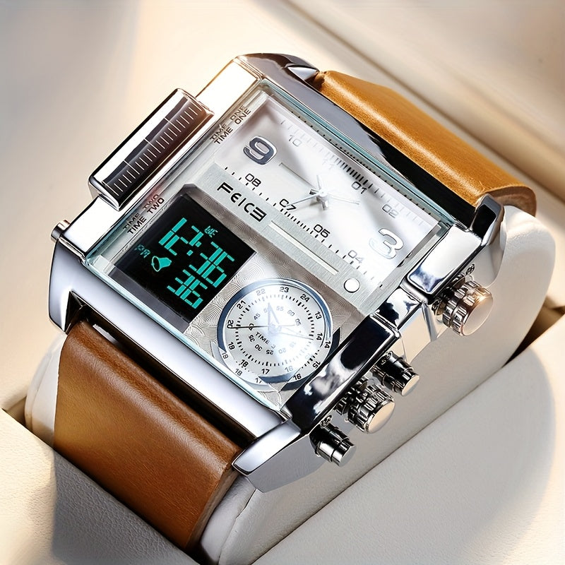 Men’s Business Sports Watch – Large Square Dial LED Quartz Watch with Luminous Display, Alarm and Leather Strap