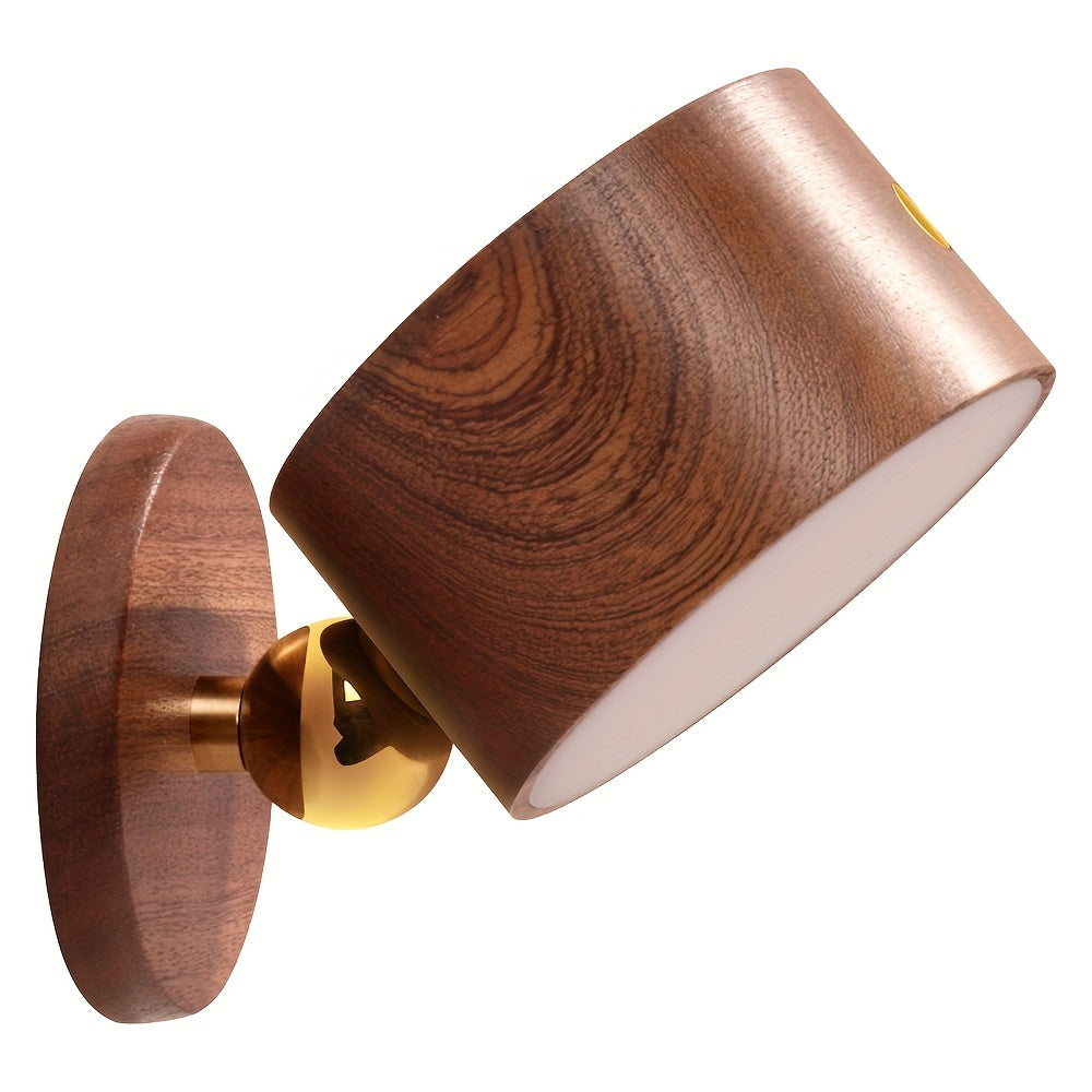 Wooden LED Bedside Reading Lamp – 360° Rotating Touch-Control Night Light, USB Rechargeable, Dimmable, Wall Mountable for Stylish Bedside Glow