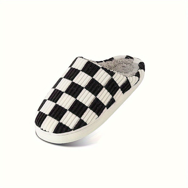 Women’s Plush Winter House Slippers – Warm Checkered Faux Fur Indoor Outdoor Non-Slip Bedroom Shoes