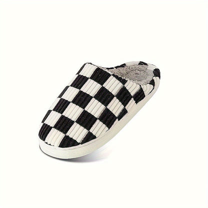 Women’s Plush Winter House Slippers – Warm Checkered Faux Fur Indoor Outdoor Non-Slip Bedroom Shoes