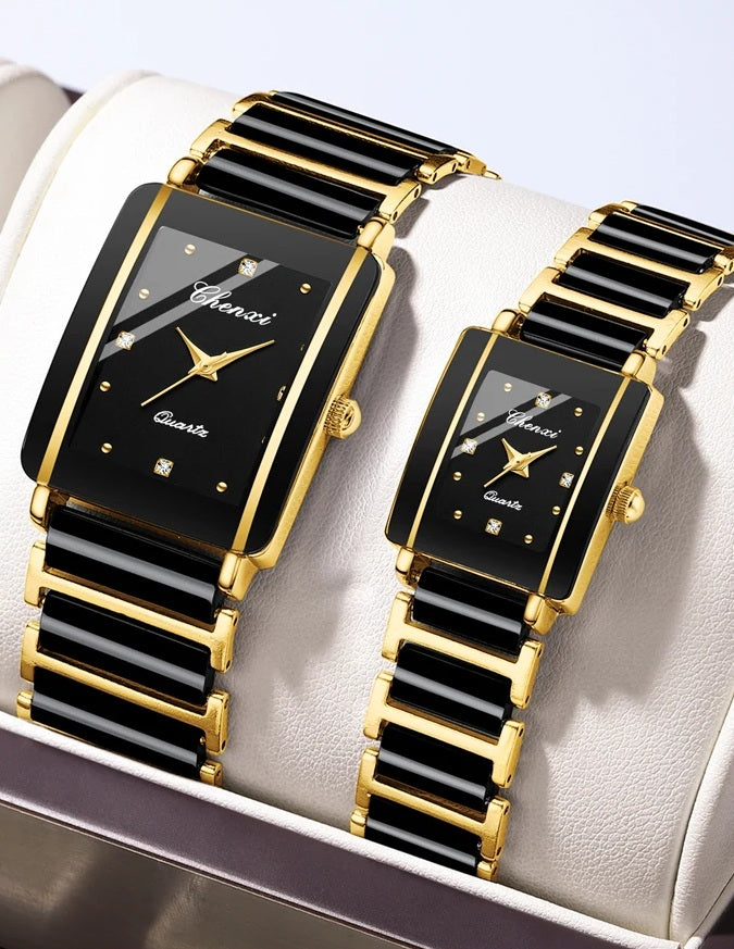 Square Shaped Luxury Couple Watches – 104A Waterproof Watch with Ceramic Strap Timepieces for Men and Women with Elegant Simulated-Ceramics Design