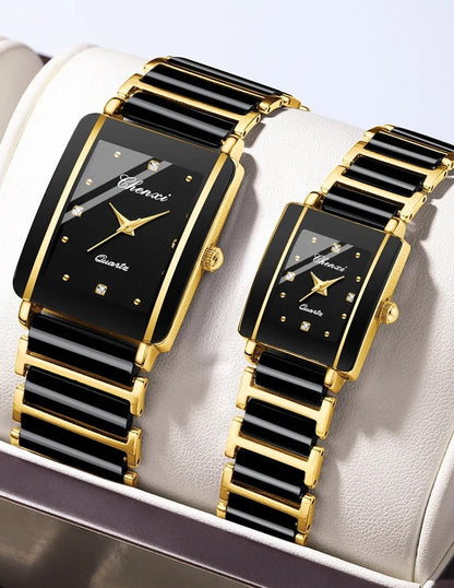 Square Shaped Luxury Couple Watches – 104A Waterproof Watch with Ceramic Strap Timepieces for Men and Women with Elegant Simulated-Ceramics Design