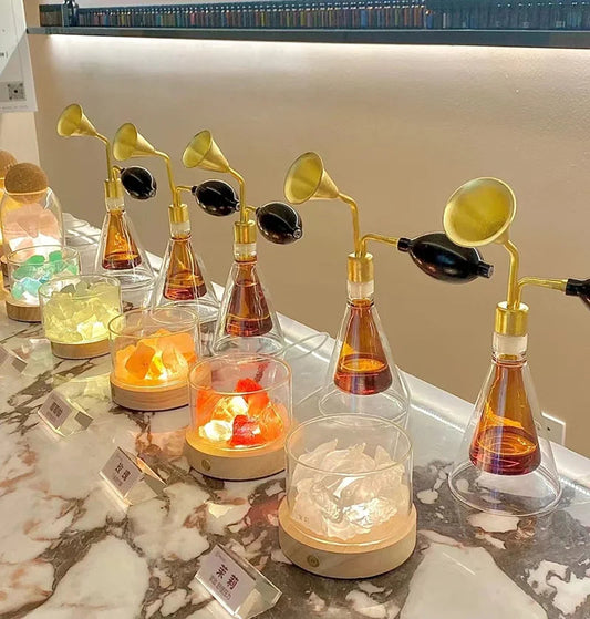 Aroma Display Bottle Set - Essential Oil Smelling Glass Bottles with Brass Holder, Elegant Perfume Display for Spa