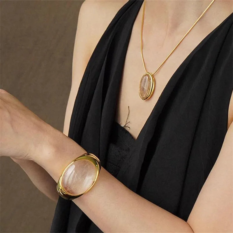 Natural Stone Open Bangle for Women – Elegant Brass Metal Bracelet for Light Luxury Fashion, Travel, and Party Accessories