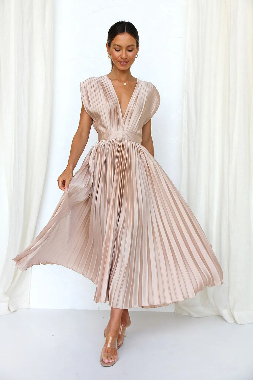 Women’s Sexy Pleated Summer Dress – Slimming French-Inspired V-Neck Long Dress with Zipper Closure, Flowy & Flattering Fit