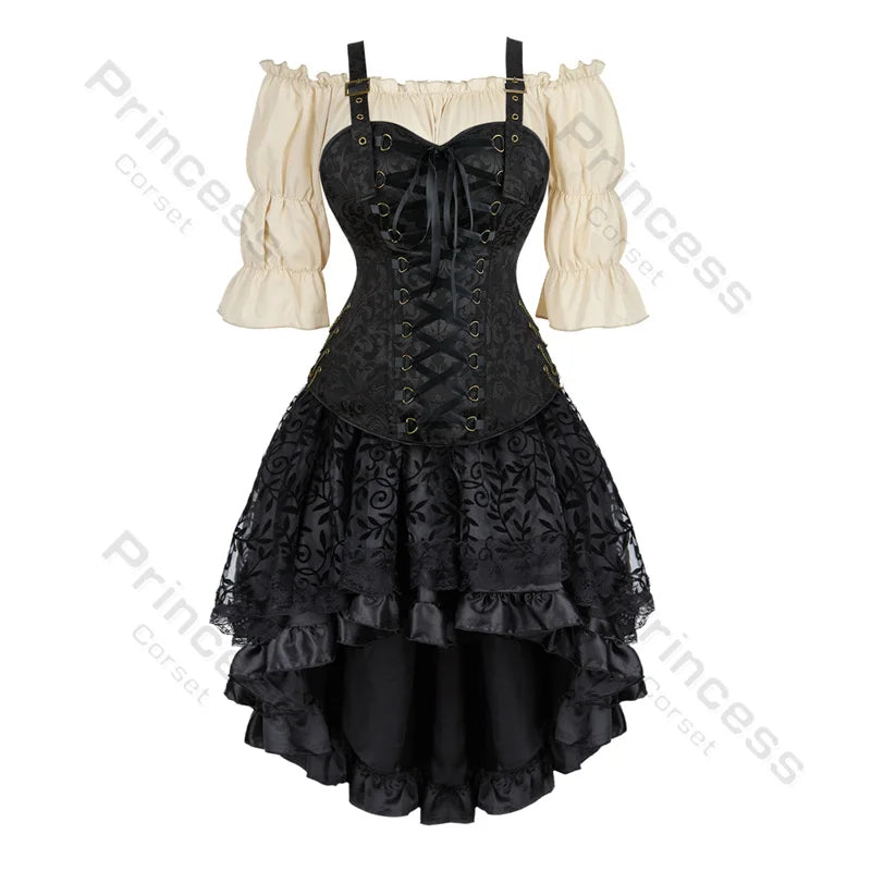 Women’s Pirate Corset Dress – Plus Size Brown Faux Leather Steampunk Costume with Off-Shoulder Blouse for Halloween Party Cosplay