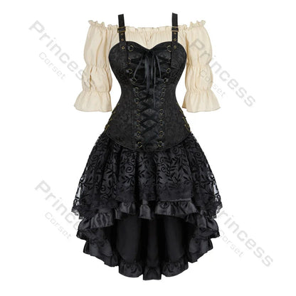 Women’s Pirate Corset Dress – Plus Size Brown Faux Leather Steampunk Costume with Off-Shoulder Blouse for Halloween Party Cosplay