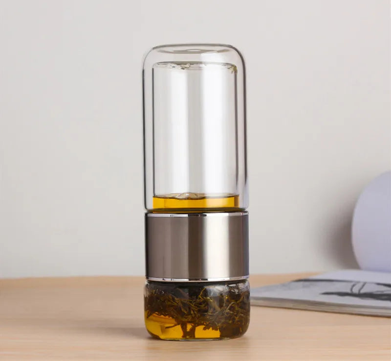 Double-Glazed Glass Water Bottle with Case – Eco-Friendly Tea Infuser Drinkware for Hot & Cold Beverages On the Go