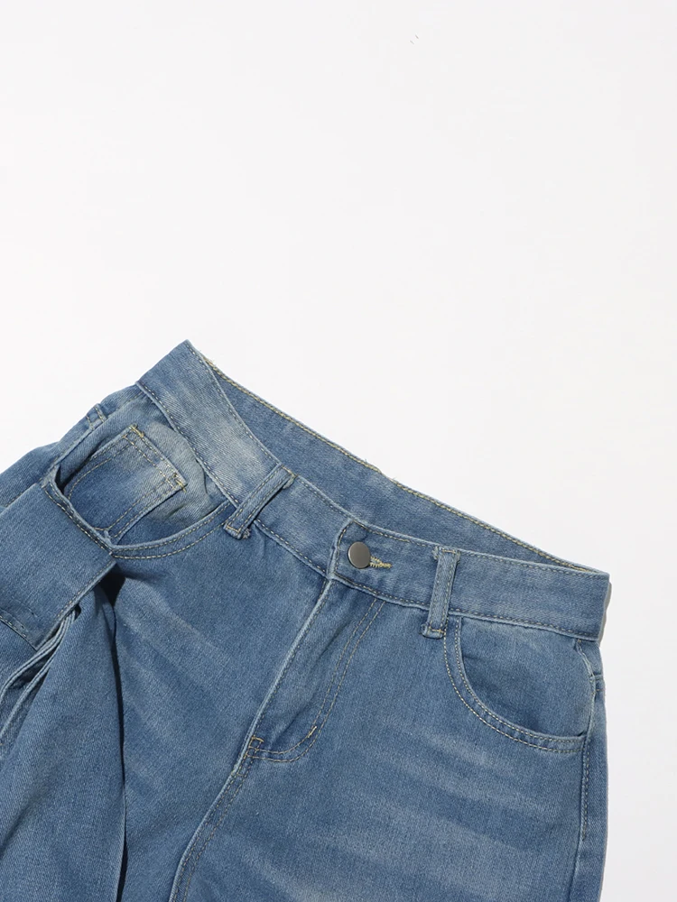 Wide Leg Patchwork Bow Jeans – High-Waist Straight Leg Denim with Feminine Streetwear Flair and Pocket Detailing