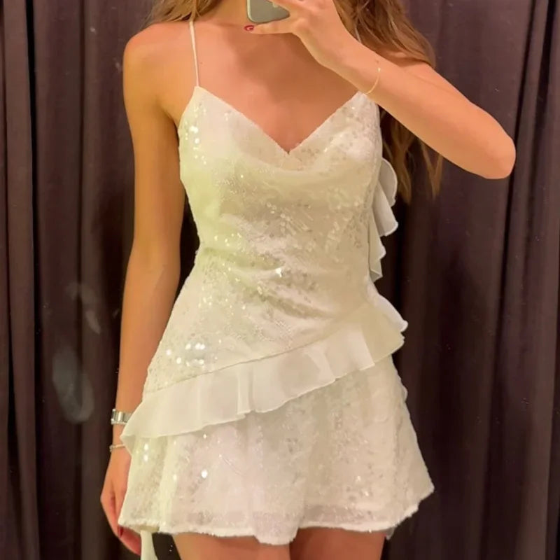 Women’s Tiered Sequin Cami Dress – Chic Backless Mini Dress for Fall Evening & Club Parties