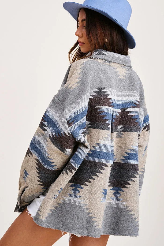 Vintage Aztec Denim Jacket with Collar – Wool Lined Loose Fit Long Sleeve Outerwear for Trendy Streetwear Vibes