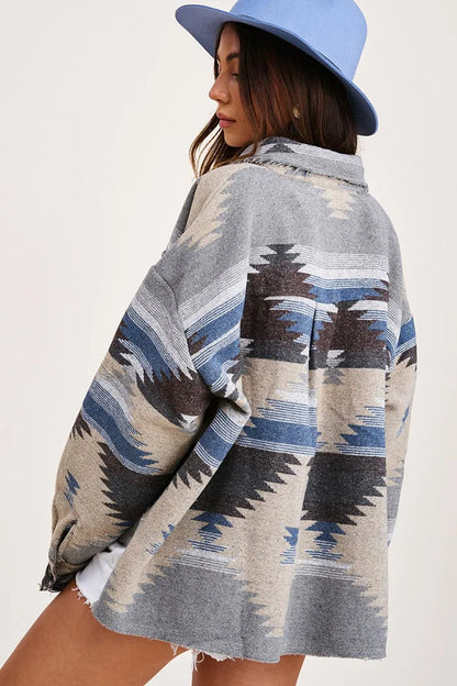 Vintage Aztec Denim Jacket with Collar – Wool Lined Loose Fit Long Sleeve Outerwear for Trendy Streetwear Vibes