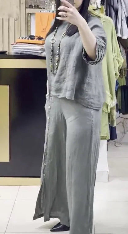Women’s Loose Two-Piece Summer Set – Casual Button Shirt with 3/4 Sleeves and Slit Wide-Leg Pants for Effortless 2025 Style and Relaxed Elegance