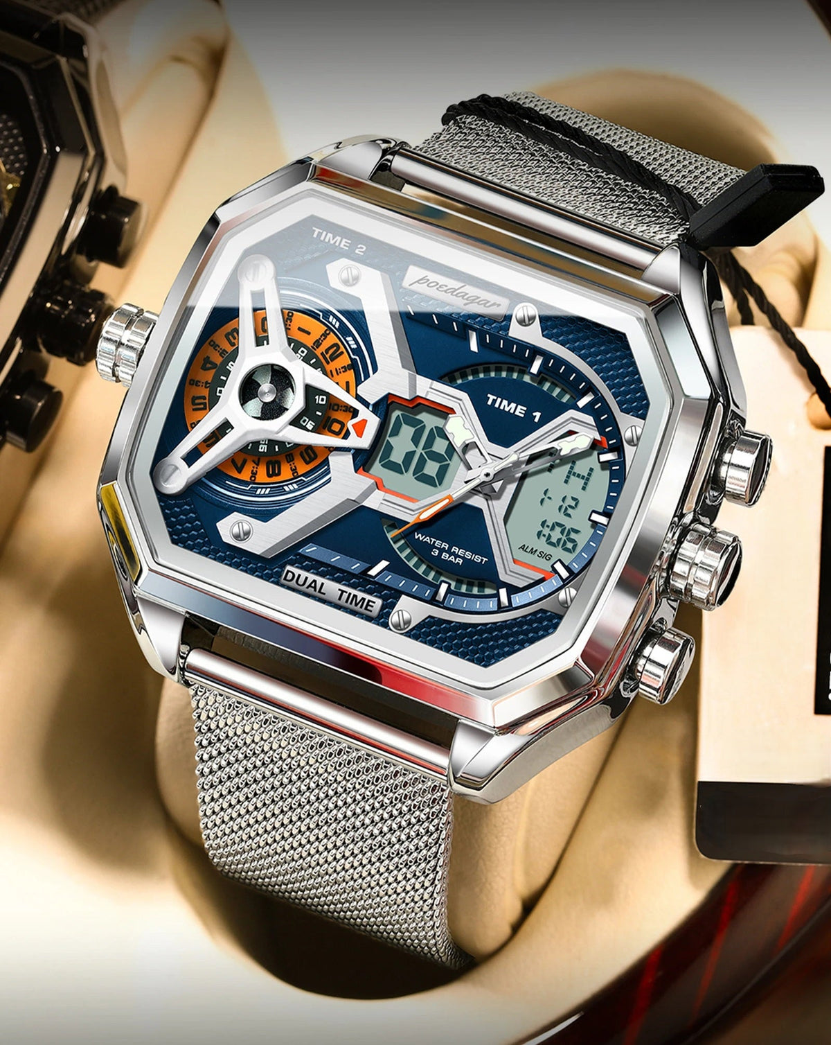 Men's LED Watch – Waterproof Rectangle Stainless Steel Quartz Timepiece with Week & Date Display, Elegant Fashion Accessory