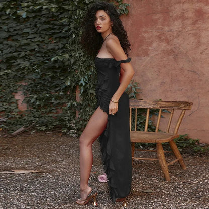 Sexy Spaghetti Strap Thigh High Split Bodycon Dress – Backless, Low-Cut Ruffle Gown for Elegant Evening & Party Glamour