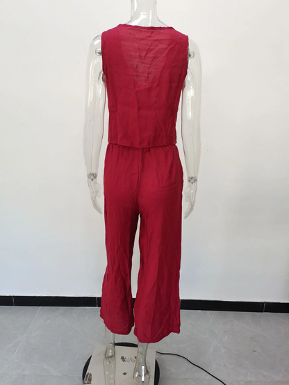 Cotton Linen Two-Piece Office Set – V-Neck Vest & Wide Leg Pants for Casual Elegance and Everyday Comfort