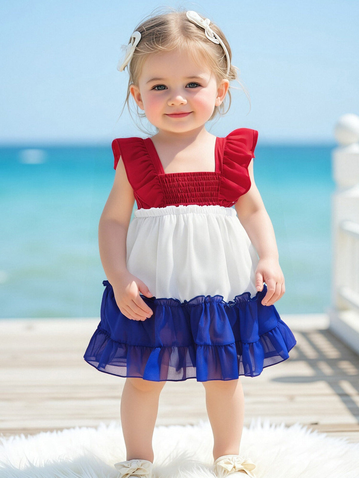 Girls’ A-Line Fly Sleeve 4th of July Dress – Contrast Color Casual Summer Dress for Independence Day Parties & Family Photos