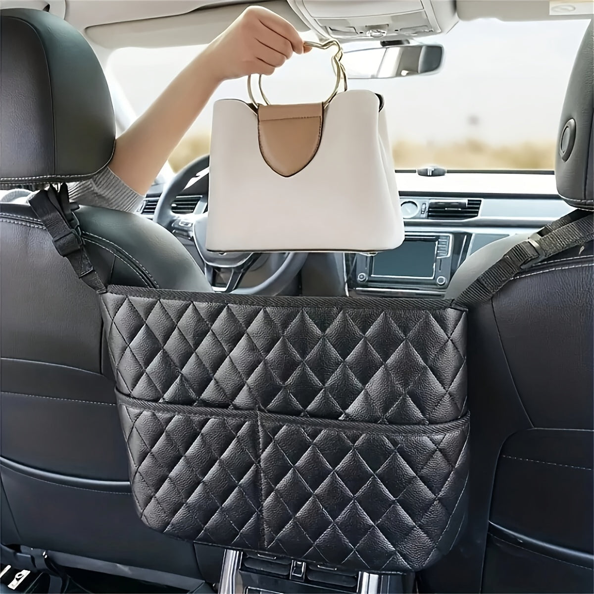 PU Leather Car Backseat Organizer – Quilted Diamond-Stitch Design with Mesh Pockets, Handbag Holder & Extra Storage for Cars/SUVs