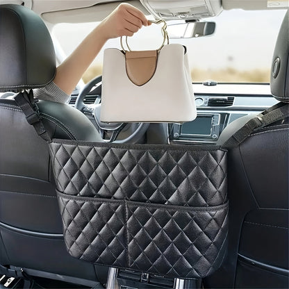 PU Leather Car Backseat Organizer – Quilted Diamond-Stitch Design with Mesh Pockets, Handbag Holder & Extra Storage for Cars/SUVs