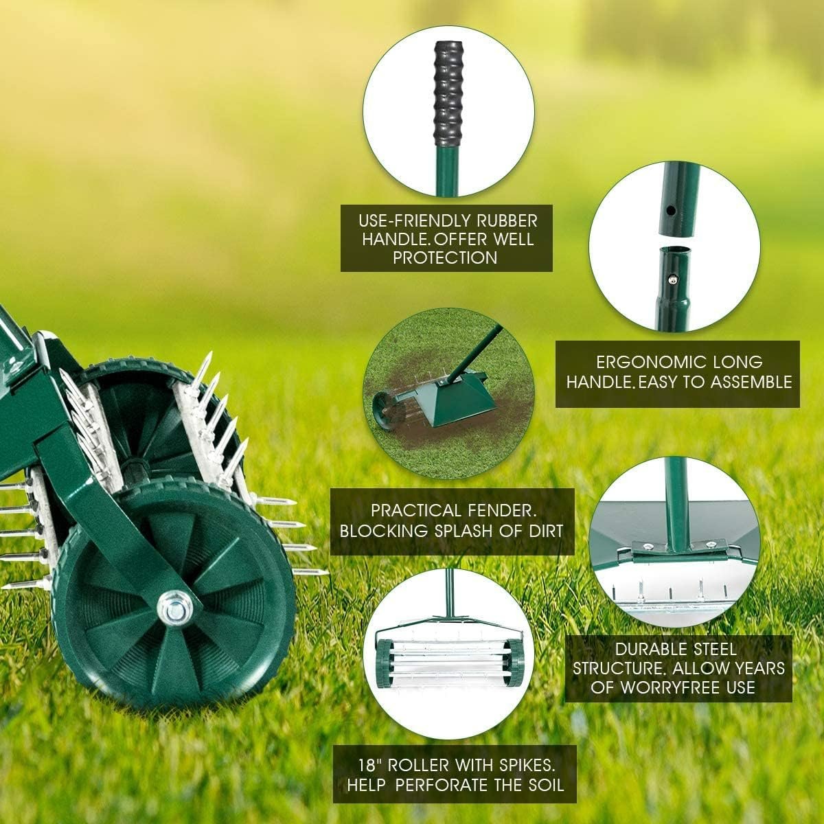 Lawn Aerator - Portable Rolling Grass Spike Roller Adjustable Handle 18″
