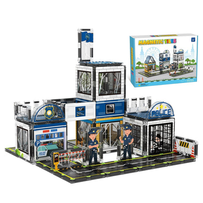 Magnetic Police & Fire Station Playset – Educational Garage Tower Construction Toys with Vehicles for Toddlers, Enhancing Creativity and Focus