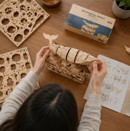 3D Wooden Whale Music Box Puzzle- Handmade DIY Seaside Assembly Model Kit for Birthday Christmas and Creative Home Decoration