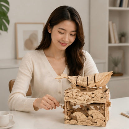 3D Wooden Whale Music Box Puzzle- Handmade DIY Seaside Assembly Model Kit for Birthday Christmas and Creative Home Decoration