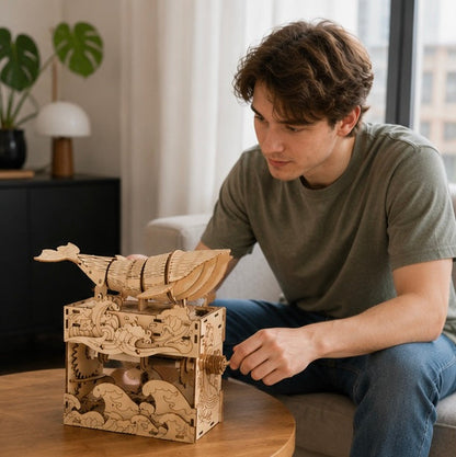 3D Wooden Whale Music Box Puzzle- Handmade DIY Seaside Assembly Model Kit for Birthday Christmas and Creative Home Decoration