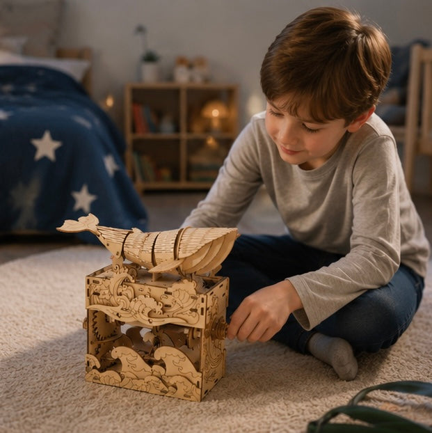 3D Wooden Whale Music Box Puzzle- Handmade DIY Seaside Assembly Model Kit for Birthday Christmas and Creative Home Decoration